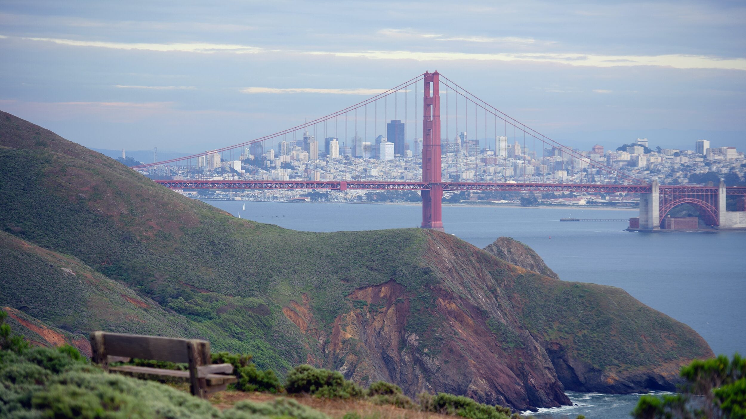 The Golden Gate Bridge and the San Francisco skyline.