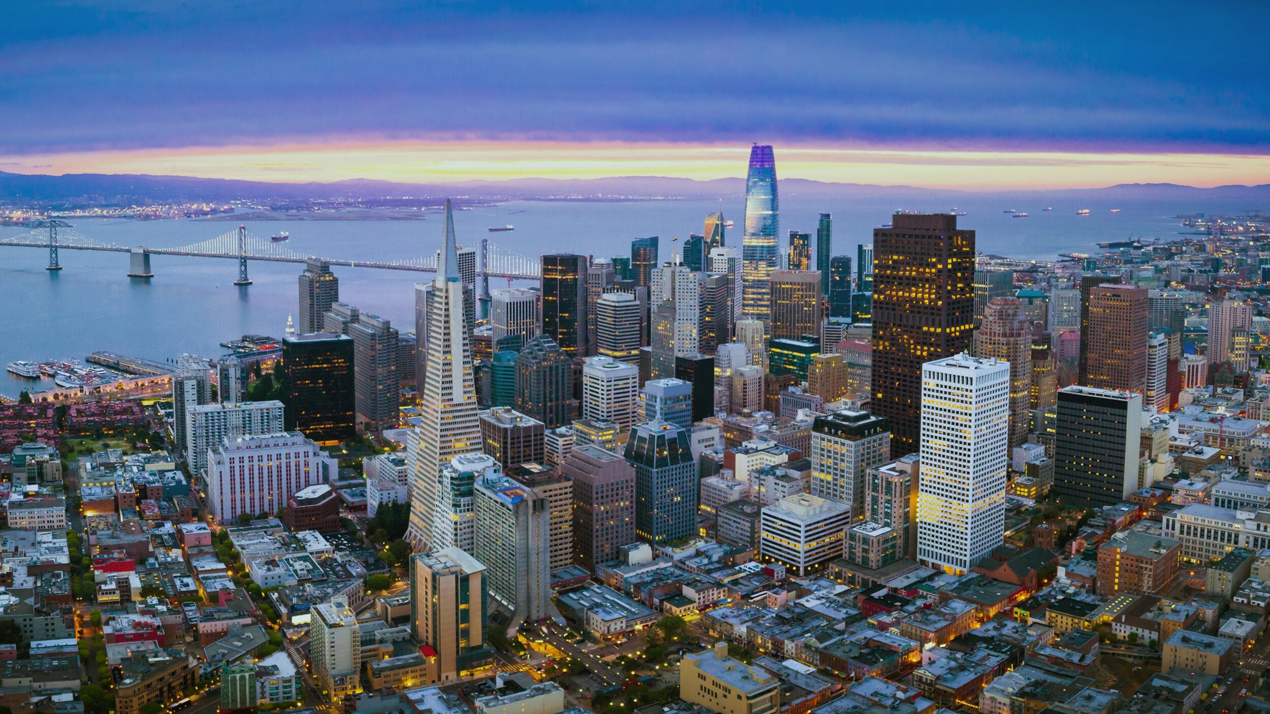 Downtown San Francisco skyline at night.