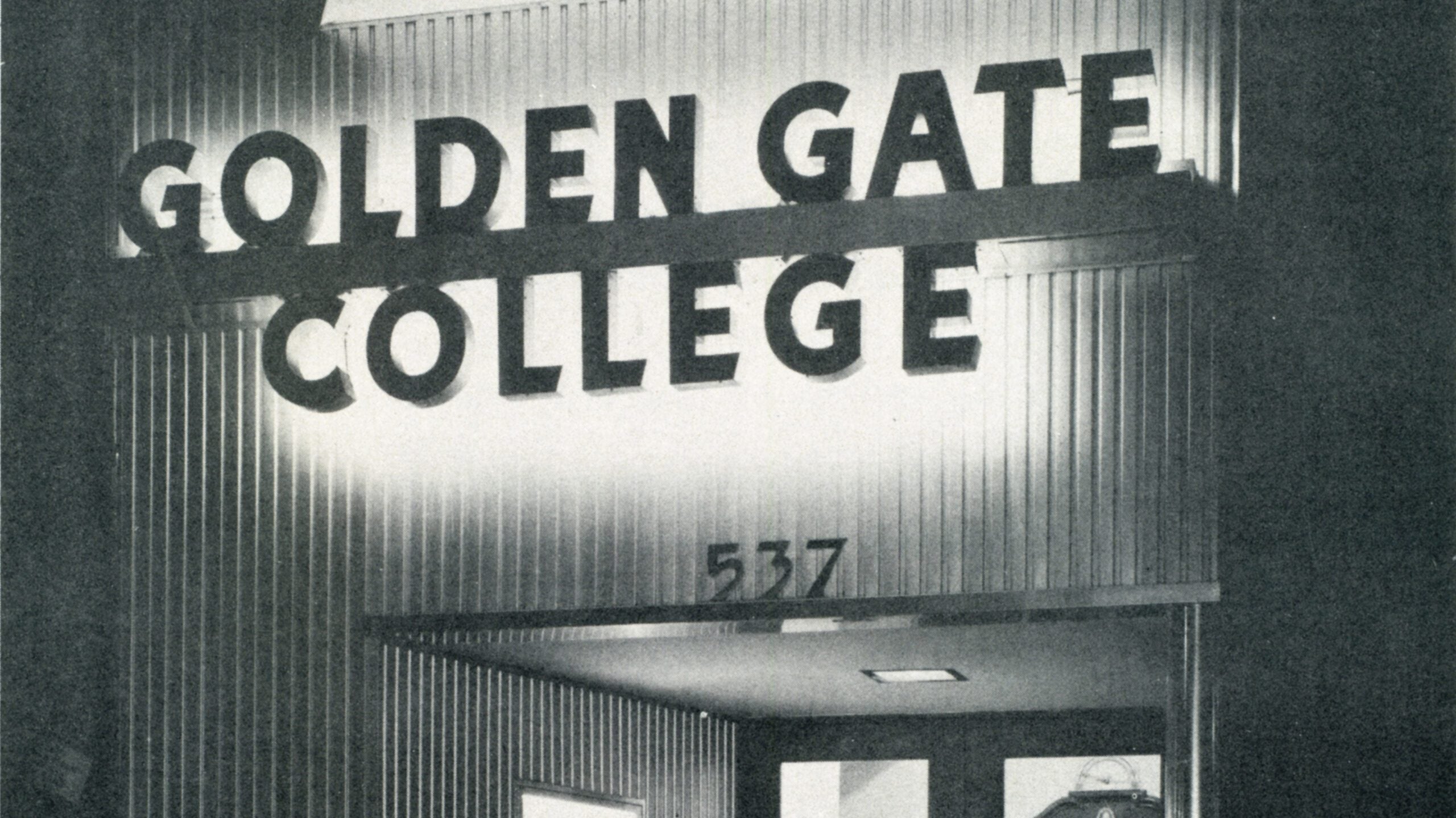 Golden Gate College building sign and entrance in 1948.