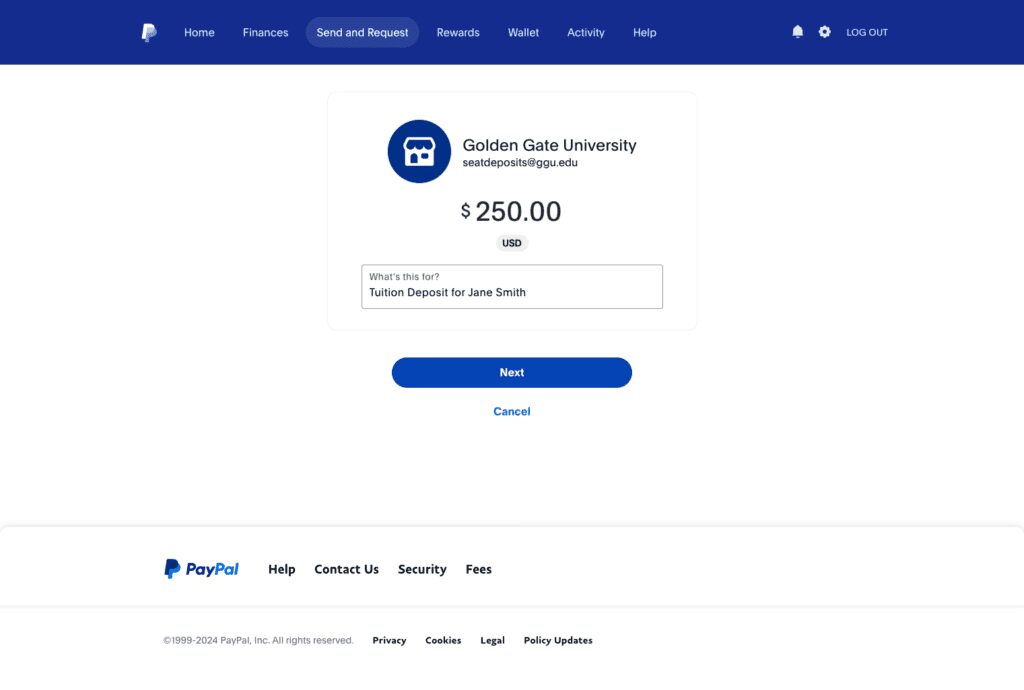PayPal deposit information