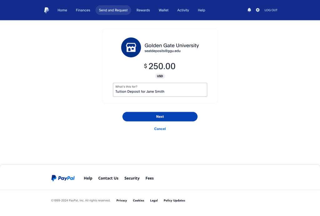 PayPal deposit information