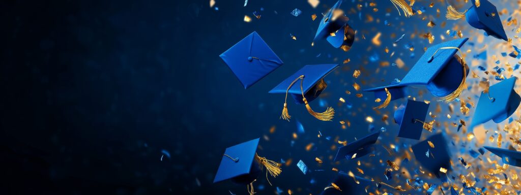 Blue graduation caps and gold confetti falling on a dark blue background.