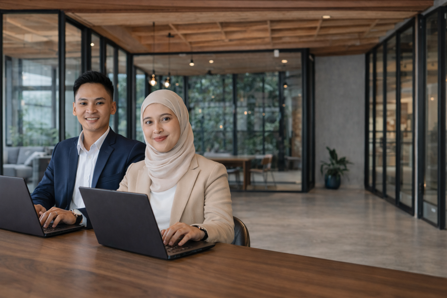 Two Indonesian students sitting in a modern room with laptops in front of them.