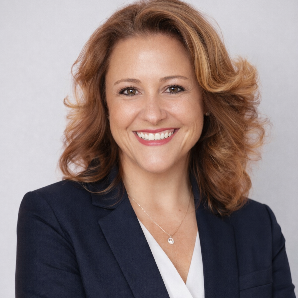 A caucasian woman with red hair smiles. She is wearing a navy blue blazer over a v-neck white blouse.