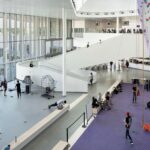 Interior of the Mashouf Wellness Center featuring a multi-story indoor climbing wall, fitness equipment, open gathering spaces, and floor-to-ceiling windows that fill the facility with natural light.