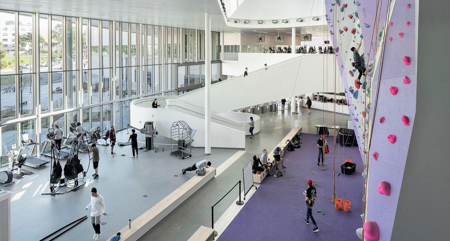 Interior of the Mashouf Wellness Center featuring a multi-story indoor climbing wall, fitness equipment, open gathering spaces, and floor-to-ceiling windows that fill the facility with natural light.
