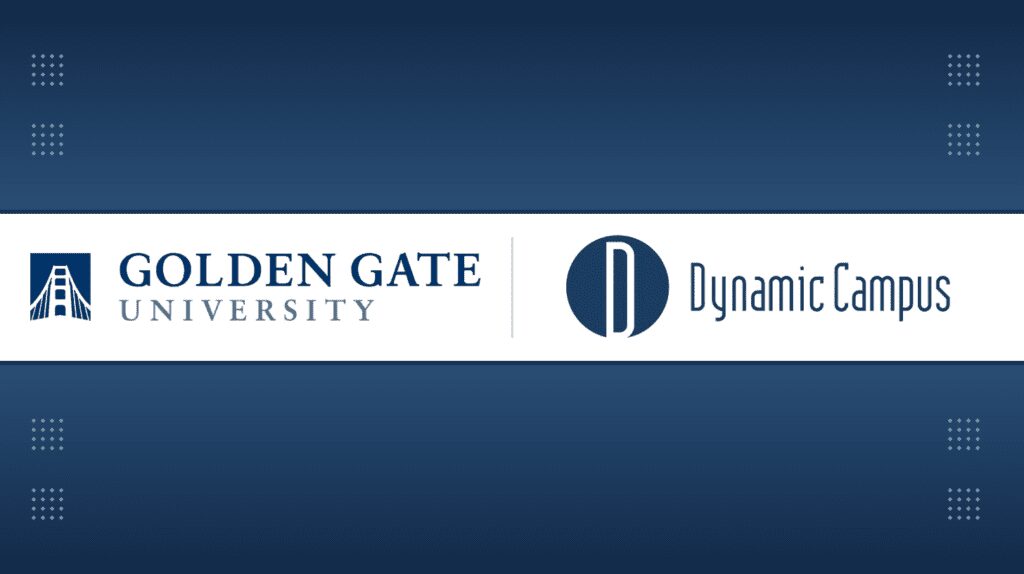 White banner displaying the logos for Golden Gate University on the left, and Dynamic Campus on the right. Above and below the banner is a blue background.