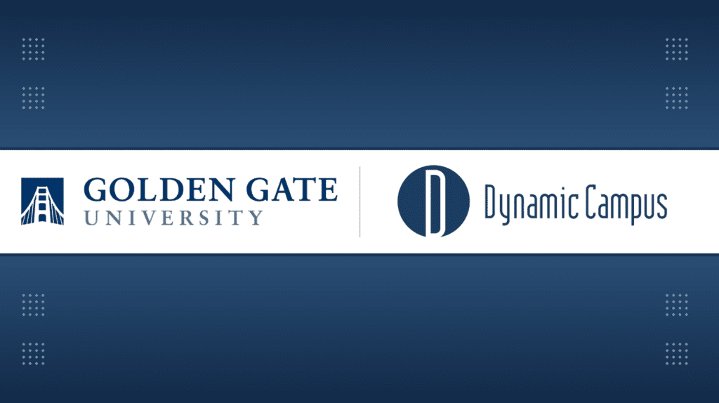 White banner displaying the logos for Golden Gate University on the left, and Dynamic Campus on the right. Above and below the banner is a blue background.