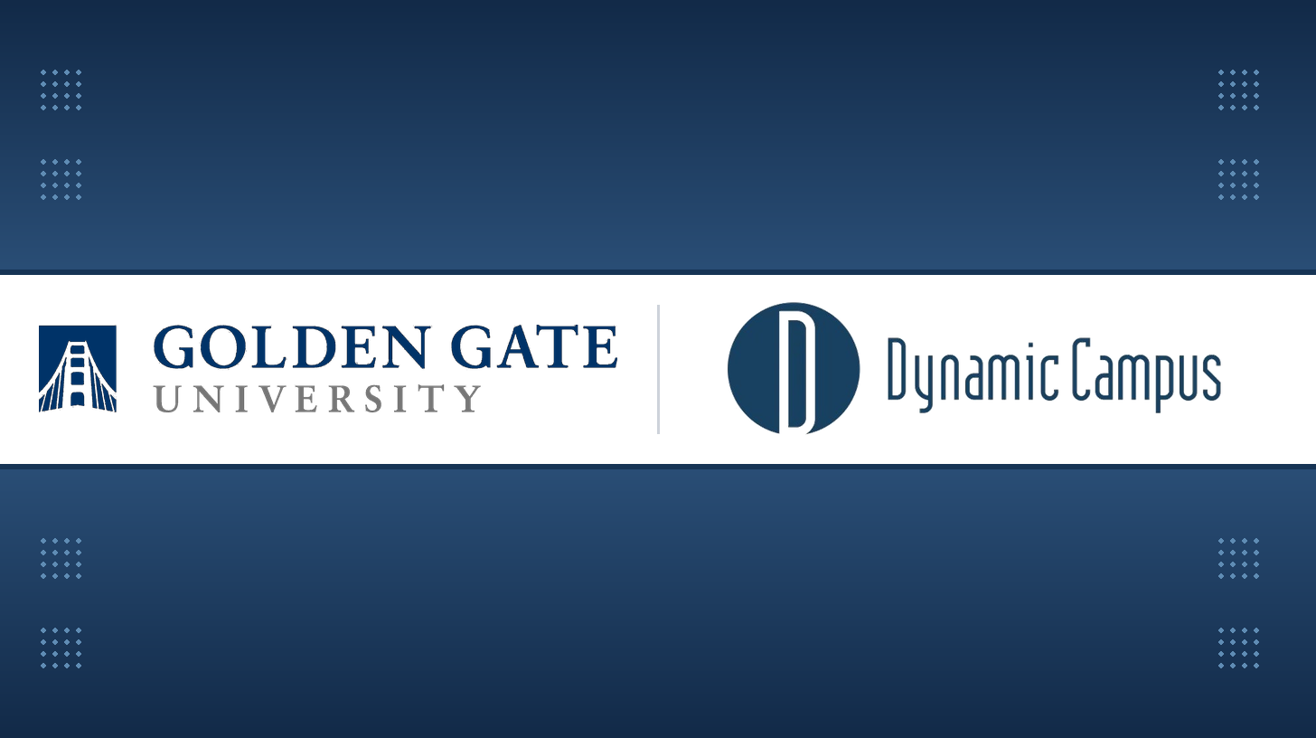 White banner displaying the logos for Golden Gate University on the left, and Dynamic Campus on the right. Above and below the banner is a blue background.