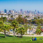 A sunny afternoon at Dolores Park in San Francisco, with people relaxing and picnicking on the grassy hillside among palm trees, a playground and pathways below, and the city's downtown skyline stretching across the horizon under a clear blue sky.
