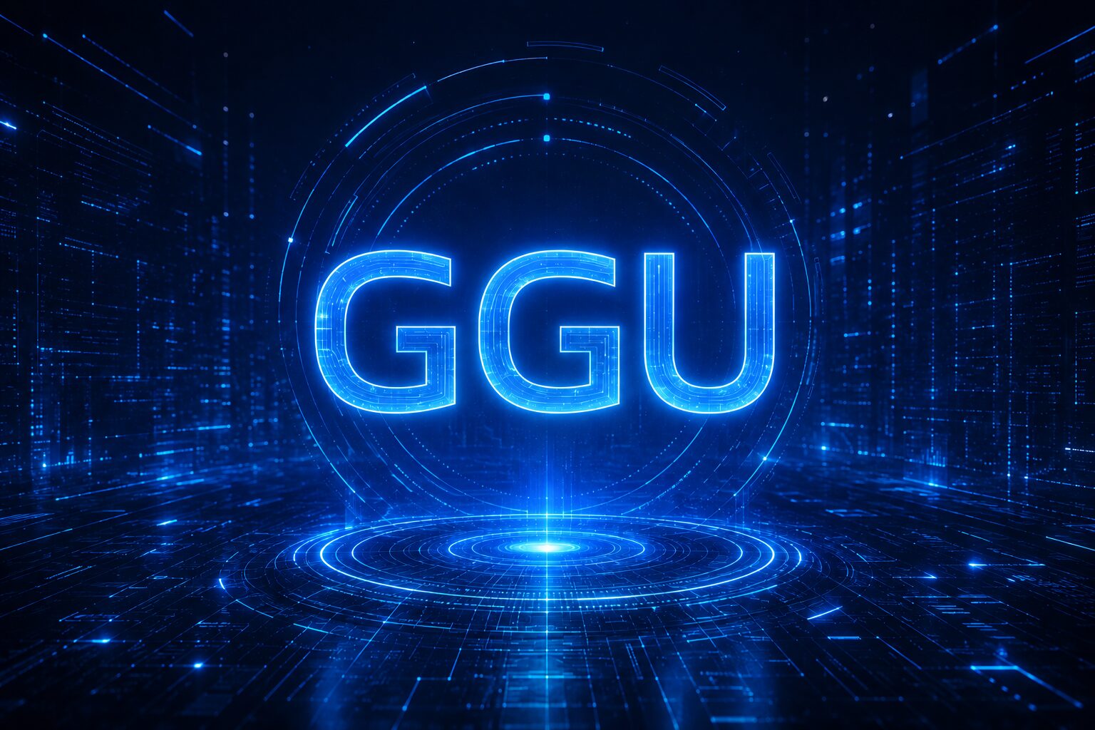 Futuristic digital illustration featuring the glowing letters “GGU” centered within a circular holographic interface. The scene is rendered in bright neon blue against a dark navy background, with illuminated circuit patterns, data grids, and abstract technological elements extending into the distance. Concentric rings of light radiate around the text, while a glowing platform beneath creates the effect of a holographic projection. The overall design conveys innovation, artificial intelligence, advanced technology, and a forward-looking digital future.
