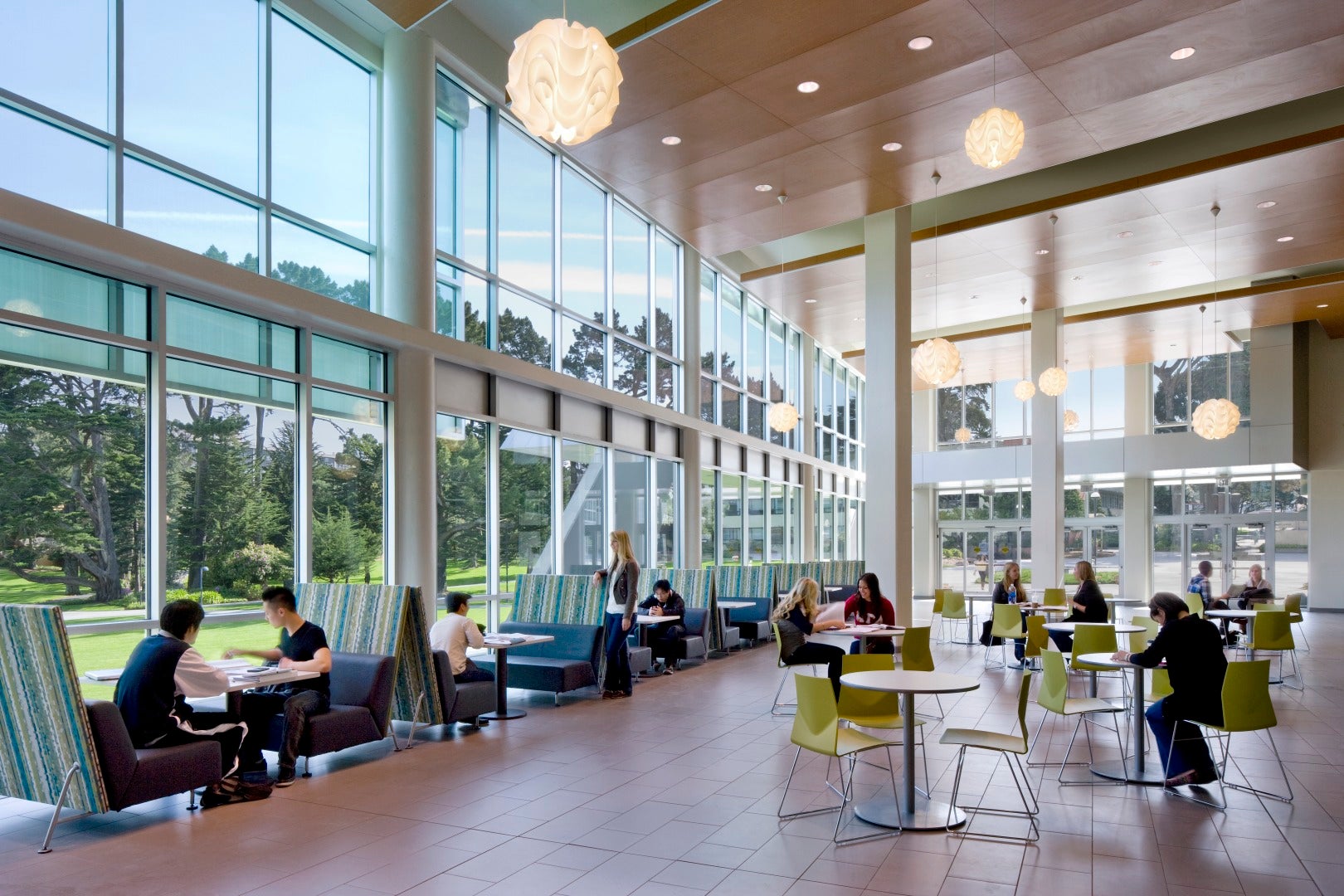 The light-filled library commons at GGU's Parkmerced campus.