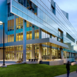 The J. Paul Leonard Library at dusk.
