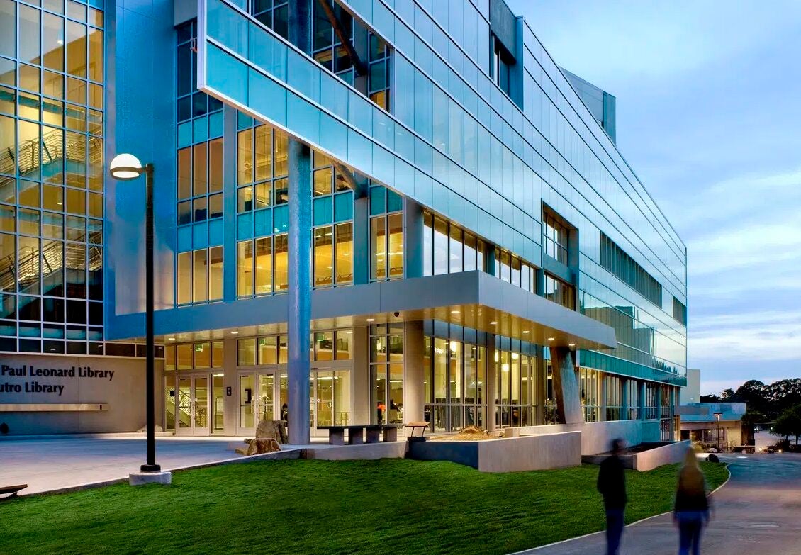 The J. Paul Leonard Library at dusk.