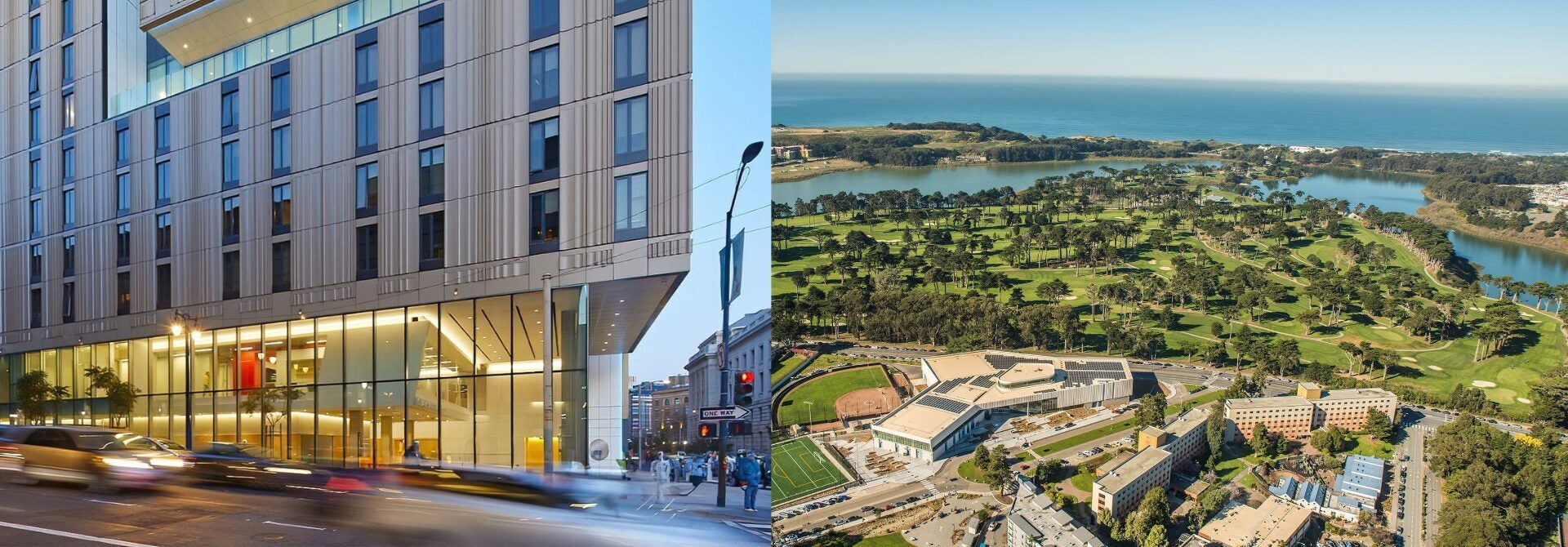 Side-by-side image comparing two Golden Gate University campus environments. On the left, a modern high-rise academic building in downtown San Francisco features a glass-walled ground floor, contemporary metal façade, and street-level urban setting at dusk with blurred traffic in the foreground. On the right, an aerial view of a coastal university campus shows academic buildings, athletic fields, landscaped grounds, and a golf course adjacent to lagoons and the Pacific Ocean. The image contrasts GGU's urban Downtown Campus with its coastal West Campus setting.