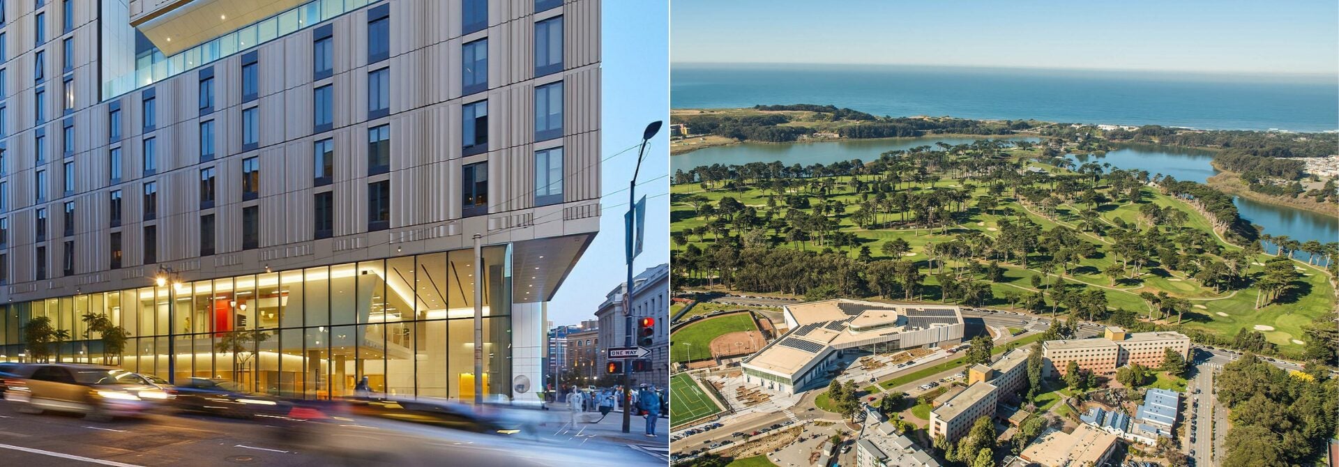 Side-by-side image comparing two Golden Gate University campus environments. On the left, a modern high-rise academic building in downtown San Francisco features a glass-walled ground floor, contemporary metal façade, and street-level urban setting at dusk with blurred traffic in the foreground. On the right, an aerial view of a coastal university campus shows academic buildings, athletic fields, landscaped grounds, and a golf course adjacent to lagoons and the Pacific Ocean. The image contrasts GGU's urban Downtown Campus with its coastal West Campus setting.