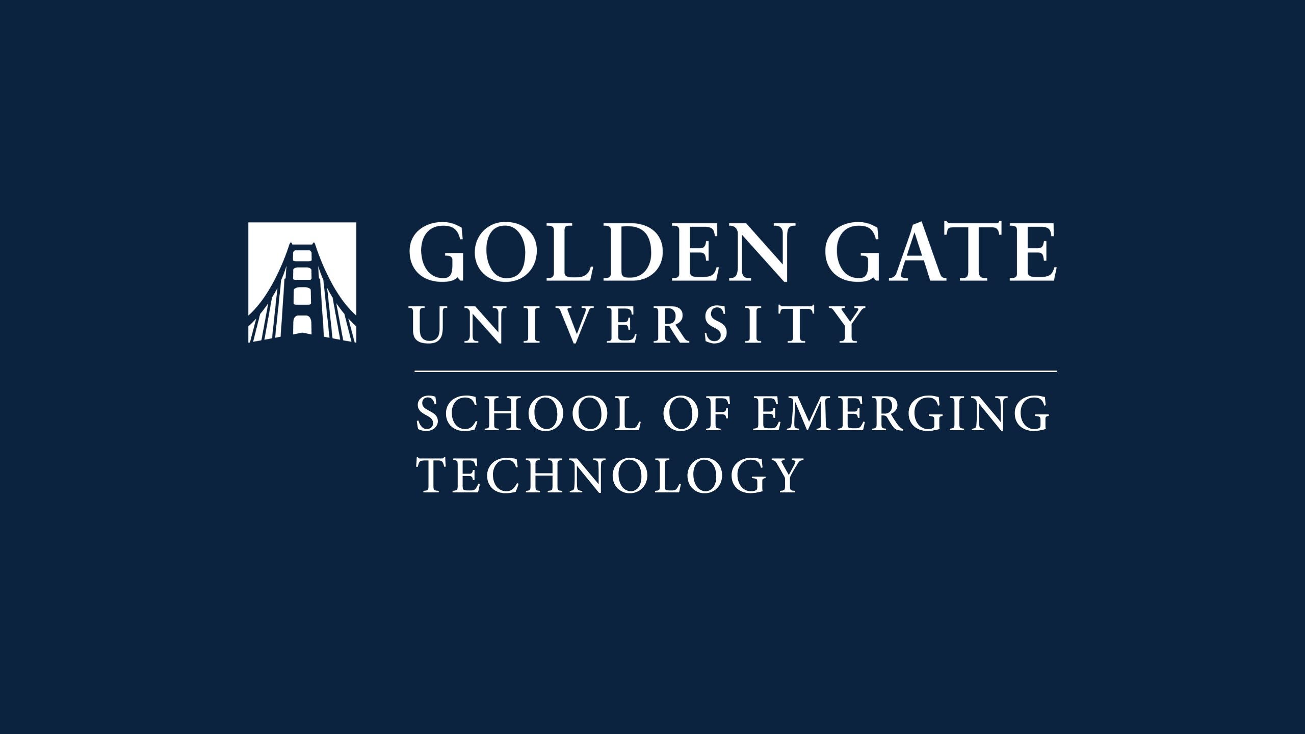 Golden Gate University School of Emerging Technology logo featuring a stylized white Golden Gate Bridge graphic above the university name in serif font, with 'School of Emerging Technology' centered below a horizontal line, all on a dark navy background