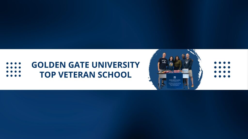 GGU Top Veteran School promotional graphic. Dark blue background with white center band featuring the university name and award designation in navy text. On the right, a circular photo shows employees from the Helen Diller Center for Veterans of U.S. Military Service at a GGU event, with a banner and promotional table.